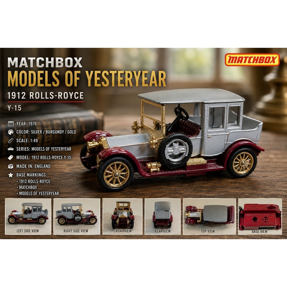 Matchbox Models of Yesteryear 1912 Rolls Royce Silver Maroon Diecast Car Y-7